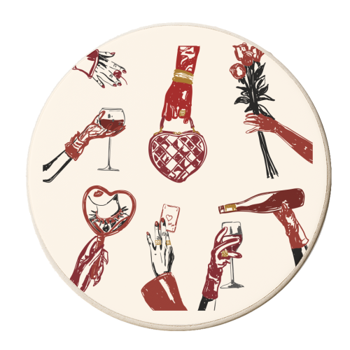 Valentine's Illustration: Hand with Roses, Champagne & Bag - personalised beer coaster by EZbie