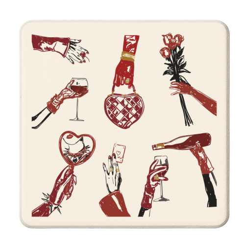 Valentine's Illustration: Hand with Roses, Champagne & Bag - personalised beer coaster by EZbie