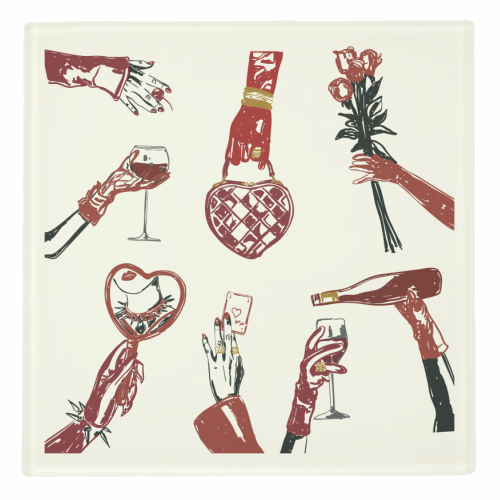 Valentine's Illustration: Hand with Roses, Champagne & Bag - personalised beer coaster by EZbie