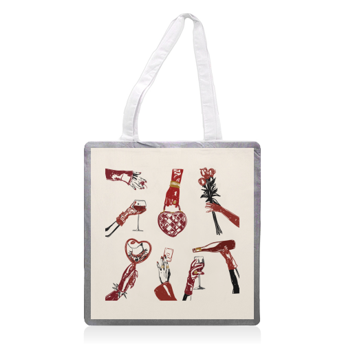 Valentine's Illustration: Hand with Roses, Champagne & Bag - printed canvas tote bag by EZbie