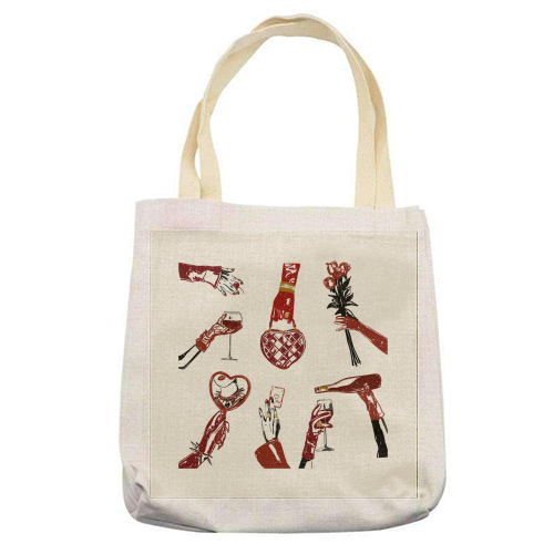 Valentine's Illustration: Hand with Roses, Champagne & Bag - printed canvas tote bag by EZbie