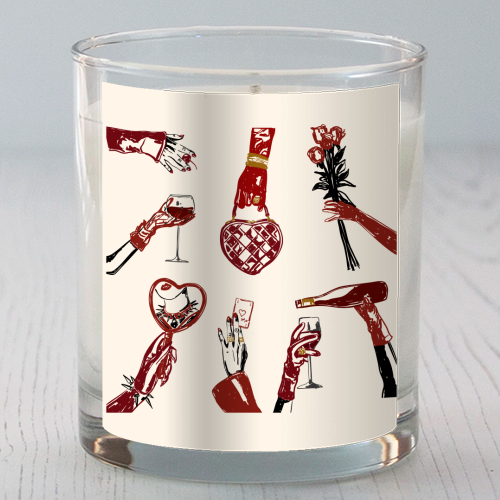 Valentine's Illustration: Hand with Roses, Champagne & Bag - scented candle by EZbie