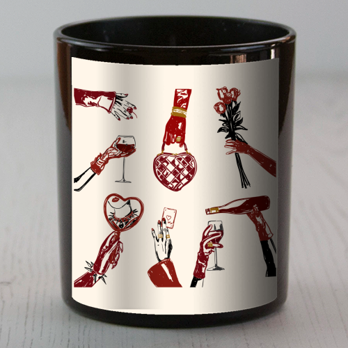 Valentine's Illustration: Hand with Roses, Champagne & Bag - scented candle by EZbie