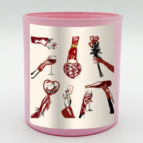 Valentine's Illustration: Hand with Roses, Champagne & Bag - scented candle by EZbie