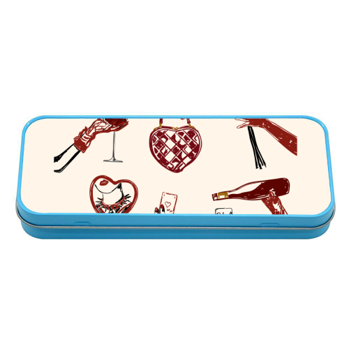 Valentine's Illustration: Hand with Roses, Champagne & Bag - tin pencil case by EZbie