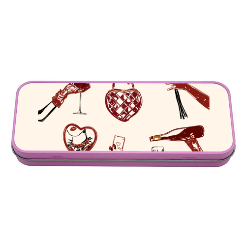 Valentine's Illustration: Hand with Roses, Champagne & Bag - tin pencil case by EZbie