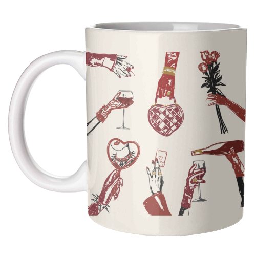 Valentine's Illustration: Hand with Roses, Champagne & Bag - unique mug by EZbie