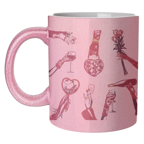 Valentine's Illustration: Hand with Roses, Champagne & Bag - unique mug by EZbie