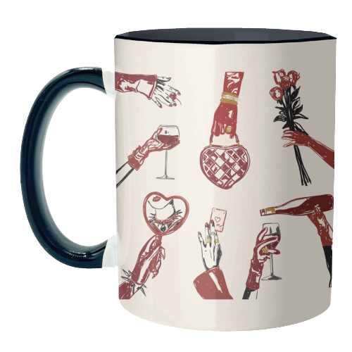 Valentine's Illustration: Hand with Roses, Champagne & Bag - unique mug by EZbie