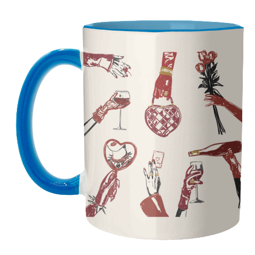 Valentine's Illustration: Hand with Roses, Champagne & Bag - unique mug by EZbie