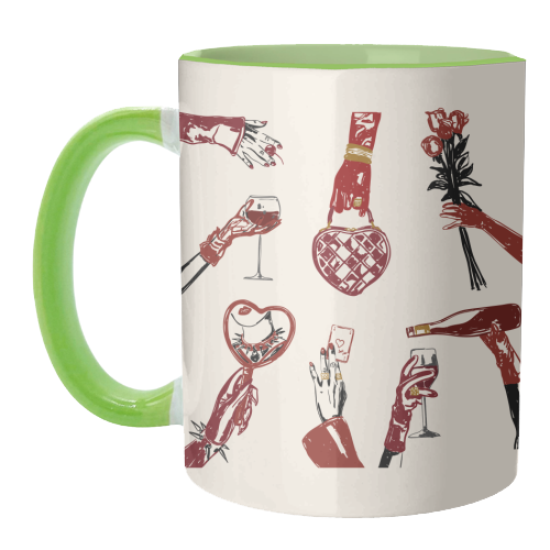 Valentine's Illustration: Hand with Roses, Champagne & Bag - unique mug by EZbie
