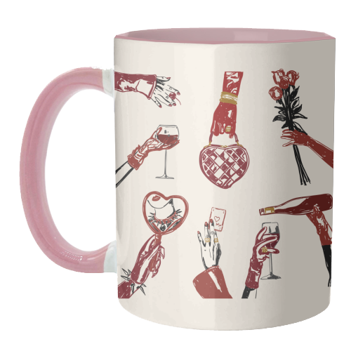 Valentine's Illustration: Hand with Roses, Champagne & Bag - unique mug by EZbie
