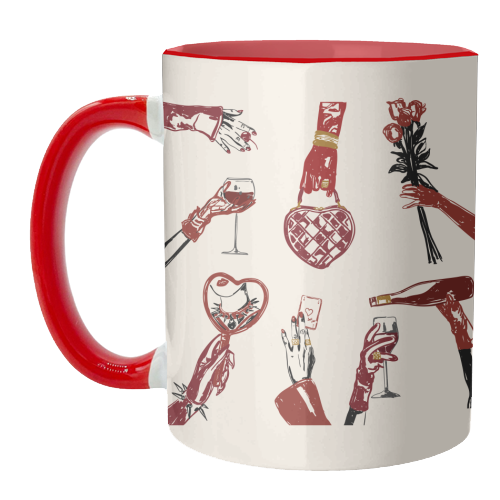 Valentine's Illustration: Hand with Roses, Champagne & Bag - unique mug by EZbie