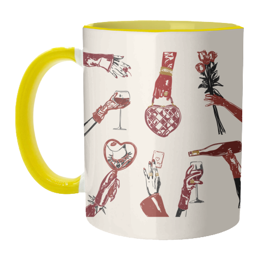 Valentine's Illustration: Hand with Roses, Champagne & Bag - unique mug by EZbie