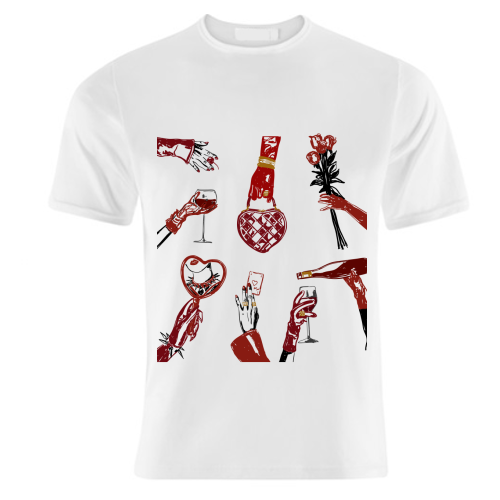 Valentine's Illustration: Hand with Roses, Champagne & Bag - unique t shirt by EZbie