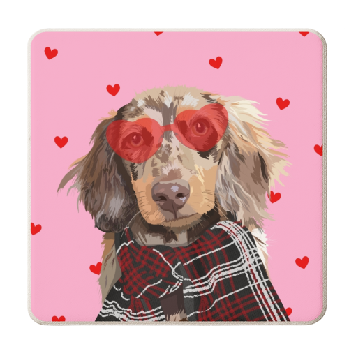 Valentine's sausage dog heart print - personalised beer coaster by The Girl Next Draw