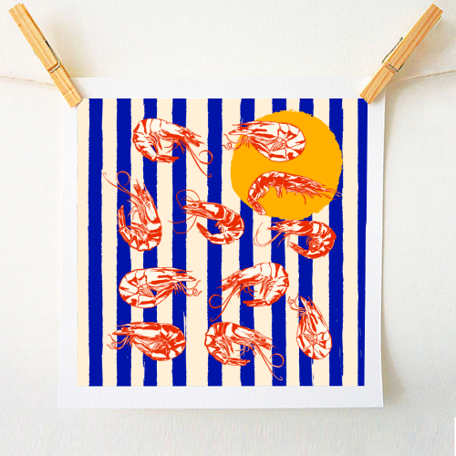 Vintage Blue Stripes Shrimps Illustration - A1 - A4 art print by EZbie