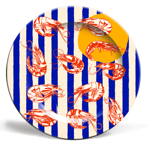 Vintage Blue Stripes Shrimps Illustration - ceramic dinner plate by EZbie