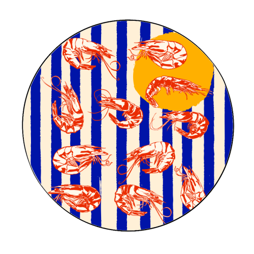 Vintage Blue Stripes Shrimps Illustration - Circle Sticker by EZbie