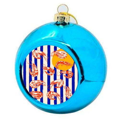 Vintage Blue Stripes Shrimps Illustration - colourful christmas bauble by EZbie