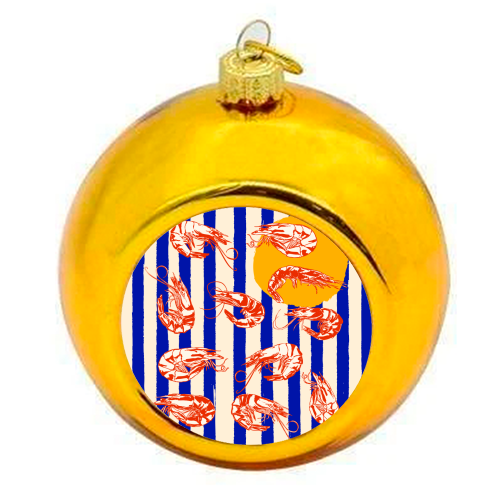 Vintage Blue Stripes Shrimps Illustration - colourful christmas bauble by EZbie
