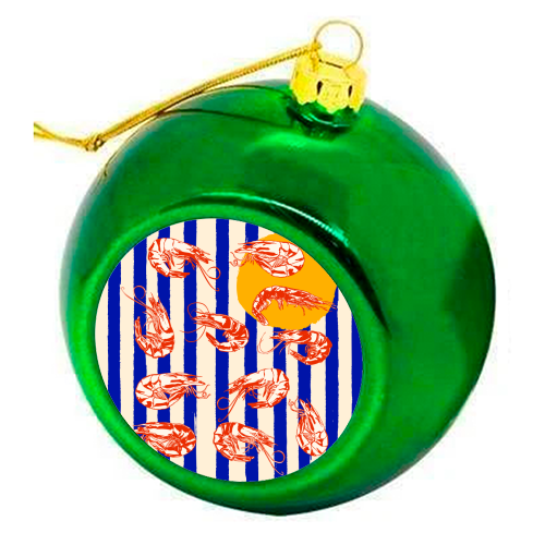 Vintage Blue Stripes Shrimps Illustration - colourful christmas bauble by EZbie