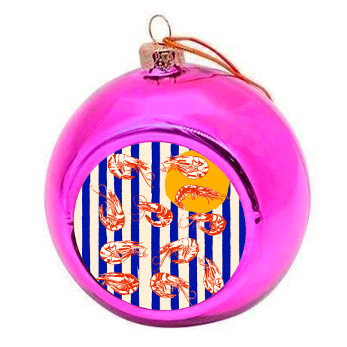 Vintage Blue Stripes Shrimps Illustration - colourful christmas bauble by EZbie