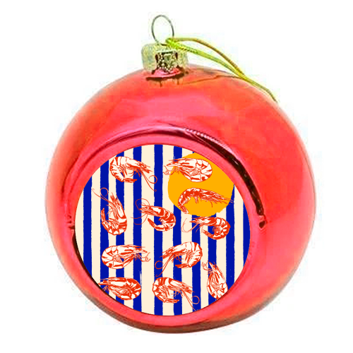 Vintage Blue Stripes Shrimps Illustration - colourful christmas bauble by EZbie