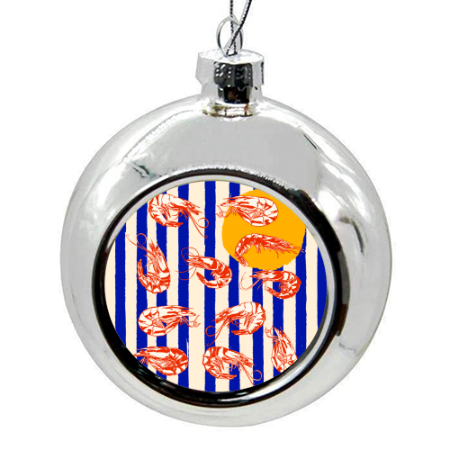 Vintage Blue Stripes Shrimps Illustration - colourful christmas bauble by EZbie