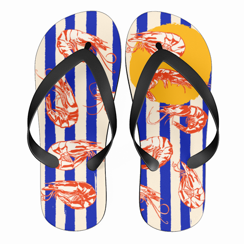 Vintage Blue Stripes Shrimps Illustration - funny flip flops by EZbie