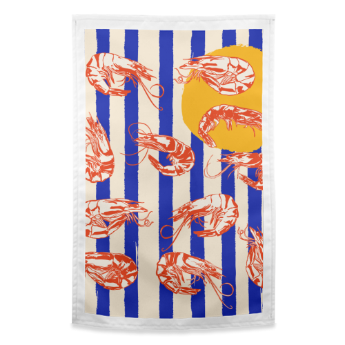 Vintage Blue Stripes Shrimps Illustration - funny tea towel by EZbie
