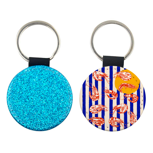 Vintage Blue Stripes Shrimps Illustration - keyring by EZbie