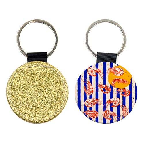 Vintage Blue Stripes Shrimps Illustration - keyring by EZbie