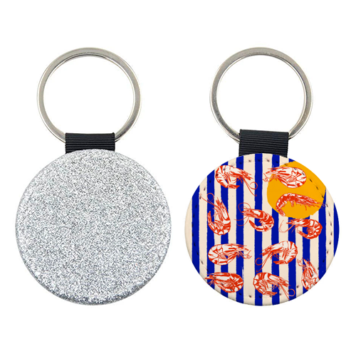 Vintage Blue Stripes Shrimps Illustration - keyring by EZbie