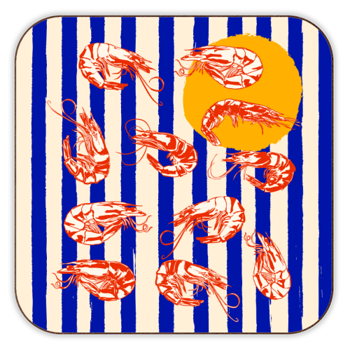 Vintage Blue Stripes Shrimps Illustration - personalised beer coaster by EZbie