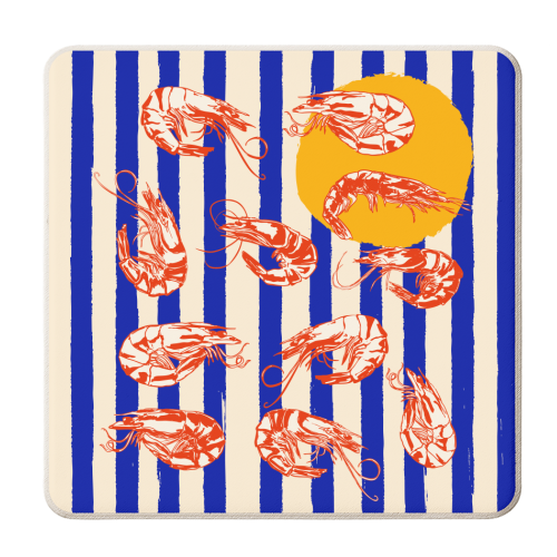 Vintage Blue Stripes Shrimps Illustration - personalised beer coaster by EZbie