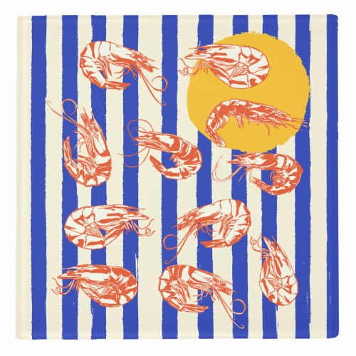 Vintage Blue Stripes Shrimps Illustration - personalised beer coaster by EZbie