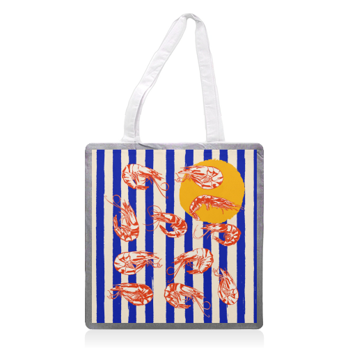 Vintage Blue Stripes Shrimps Illustration - printed canvas tote bag by EZbie