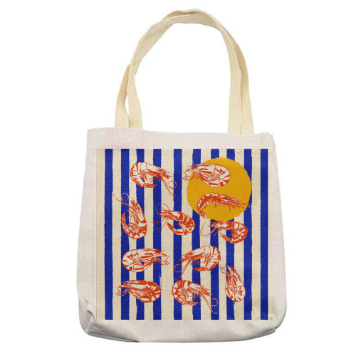 Vintage Blue Stripes Shrimps Illustration - printed canvas tote bag by EZbie