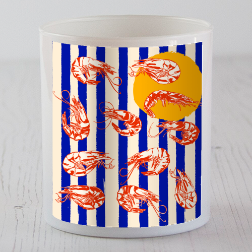 Vintage Blue Stripes Shrimps Illustration - scented candle by EZbie
