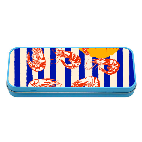 Vintage Blue Stripes Shrimps Illustration - tin pencil case by EZbie