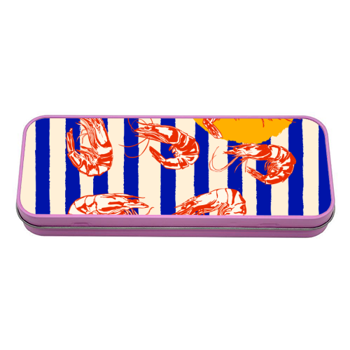 Vintage Blue Stripes Shrimps Illustration - tin pencil case by EZbie