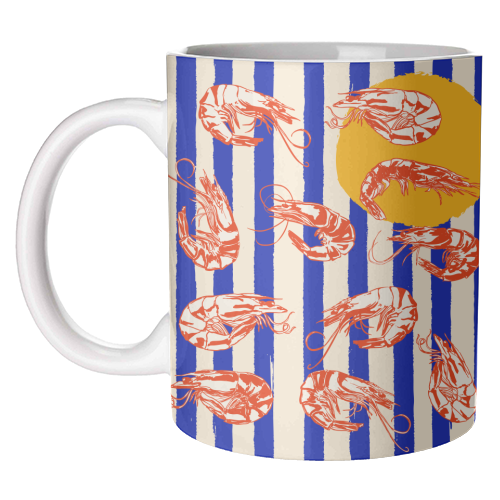 Vintage Blue Stripes Shrimps Illustration - unique mug by EZbie