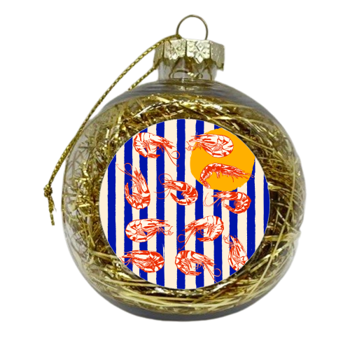 Vintage Blue Stripes Shrimps Illustration - xmas bauble by EZbie