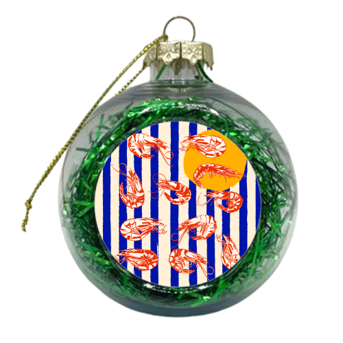Vintage Blue Stripes Shrimps Illustration - xmas bauble by EZbie