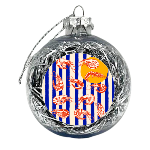 Vintage Blue Stripes Shrimps Illustration - xmas bauble by EZbie