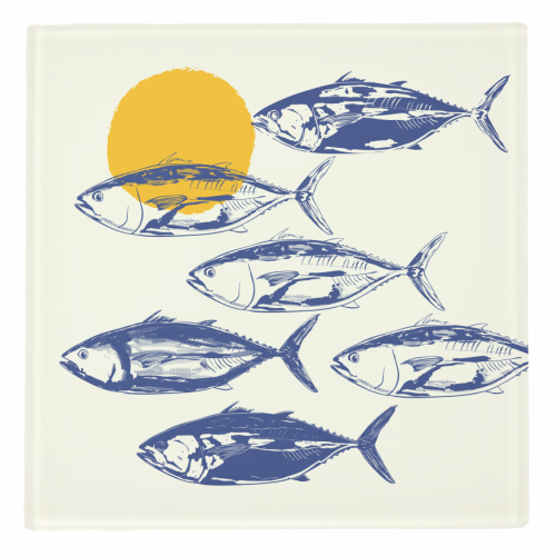 Vintage Blue Tuna Minimalist Illustration - personalised beer coaster by EZbie