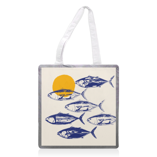 Vintage Blue Tuna Minimalist Illustration - printed canvas tote bag by EZbie
