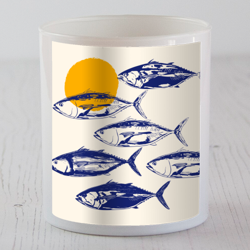 Vintage Blue Tuna Minimalist Illustration - scented candle by EZbie