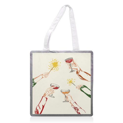 Vintage Holidays Cocktail Cheers Illustration - printed canvas tote bag by EZbie